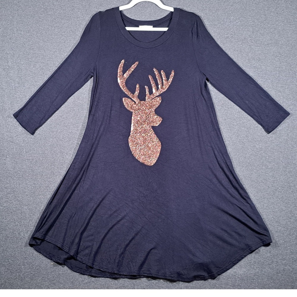 Altard State Navy Blue Sequin Reindeer Swing Dress Medium HD16171EFT